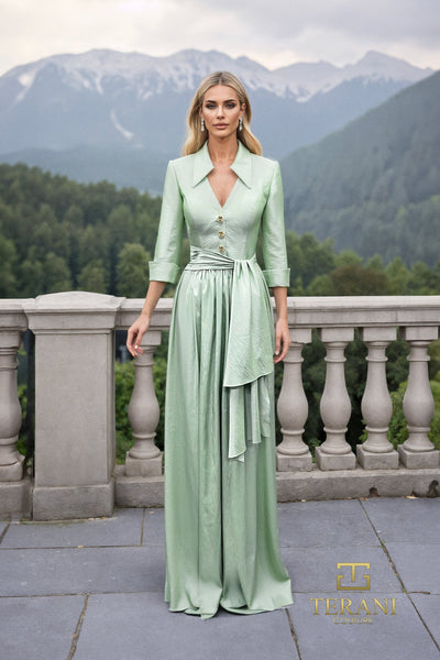 Collared Deep V Matte Tafetta A-Line Gown with 3/4 Sleeves - 261M6418