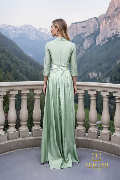 Collared Deep V Matte Tafetta A-Line Gown with 3/4 Sleeves - 261M6418