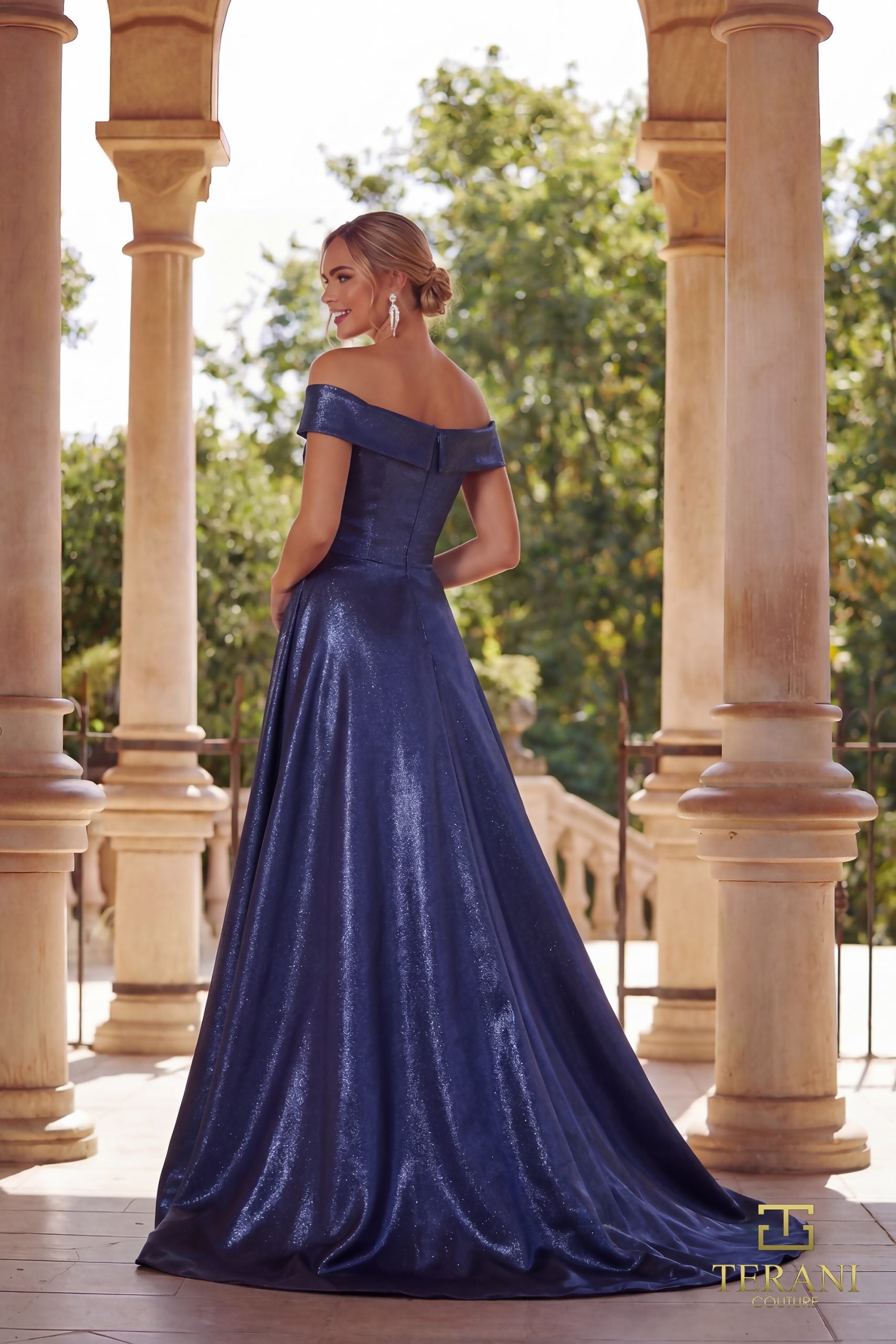 Off-Shoulder Sweetheart Shimmer Fit & Flare Gown with Slit - 261M6423