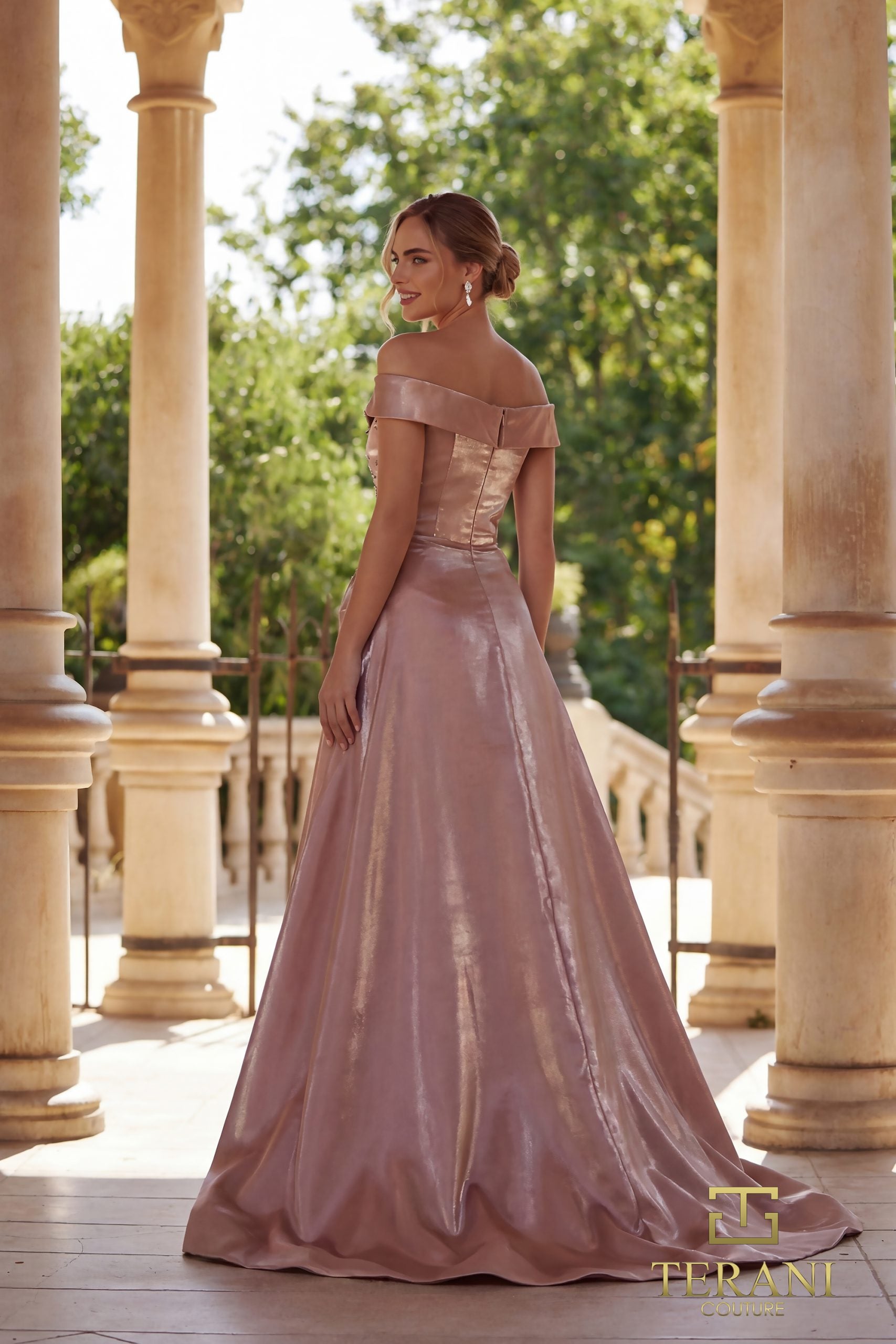 Off-Shoulder Sweetheart Shimmer Fit & Flare Gown with Slit - 261M6423