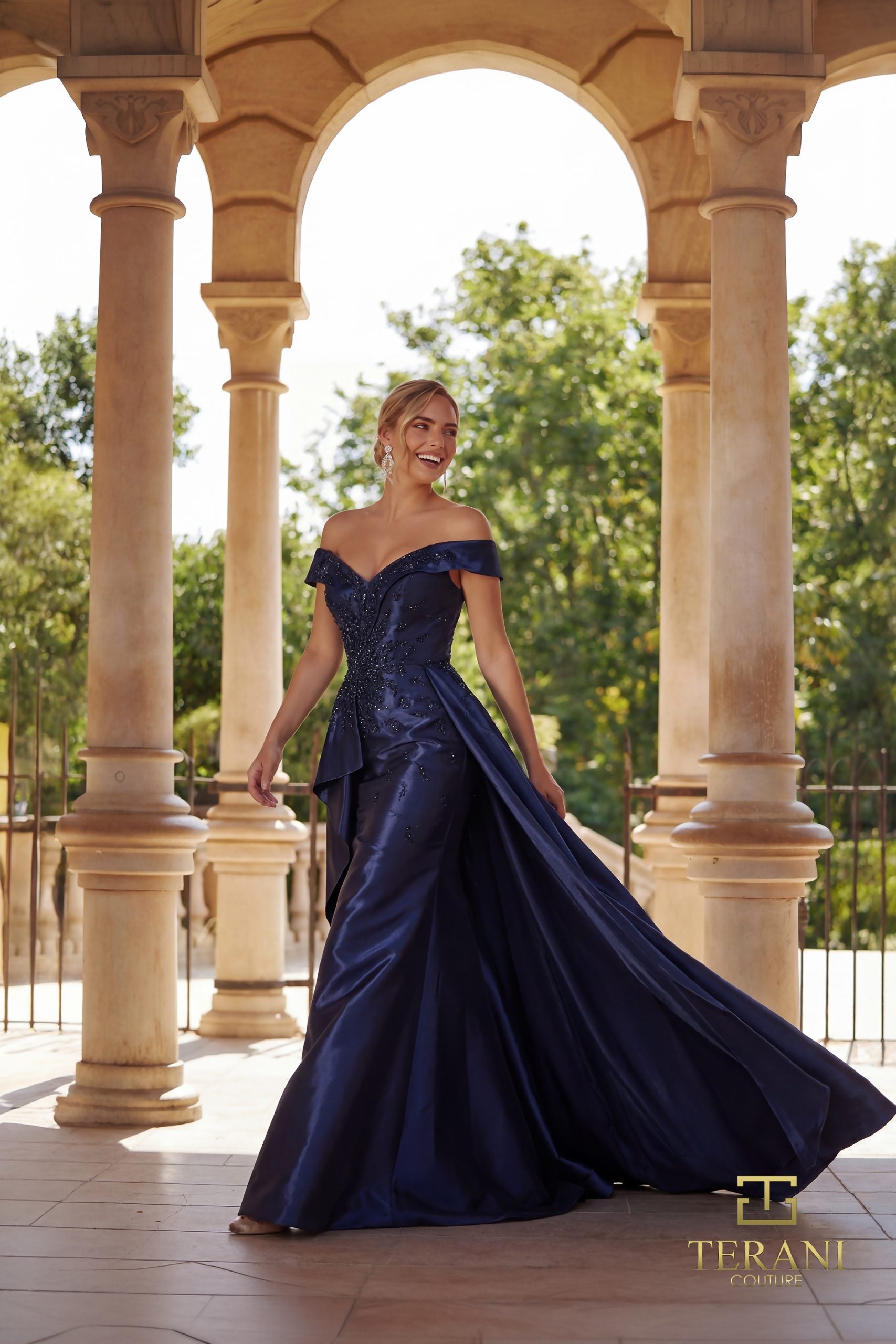 Off-Shoulder Sweetheart Shimmer Fit & Flare Gown with Slit - 261M6423