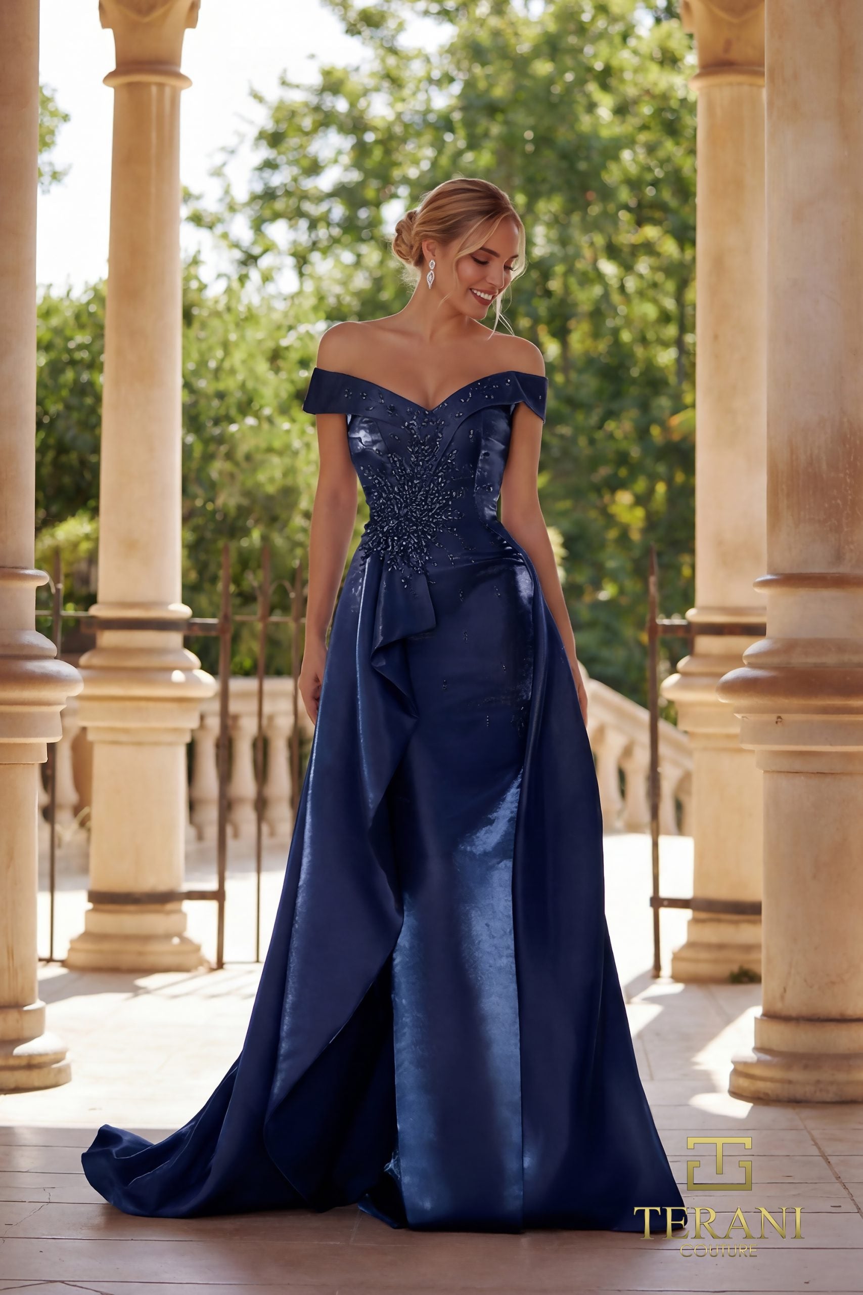 Off-Shoulder Sweetheart Shimmer Fit & Flare Gown with Slit - 261M6423