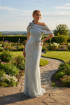 Asymmetric Off-Shoulder Crepe Back Satin & Beaded Tulle Sheath Gown - 261M6427