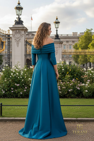 Off-Shoulder Stretch Mikado A-Line Gown with Long Sleeves - 261M6434