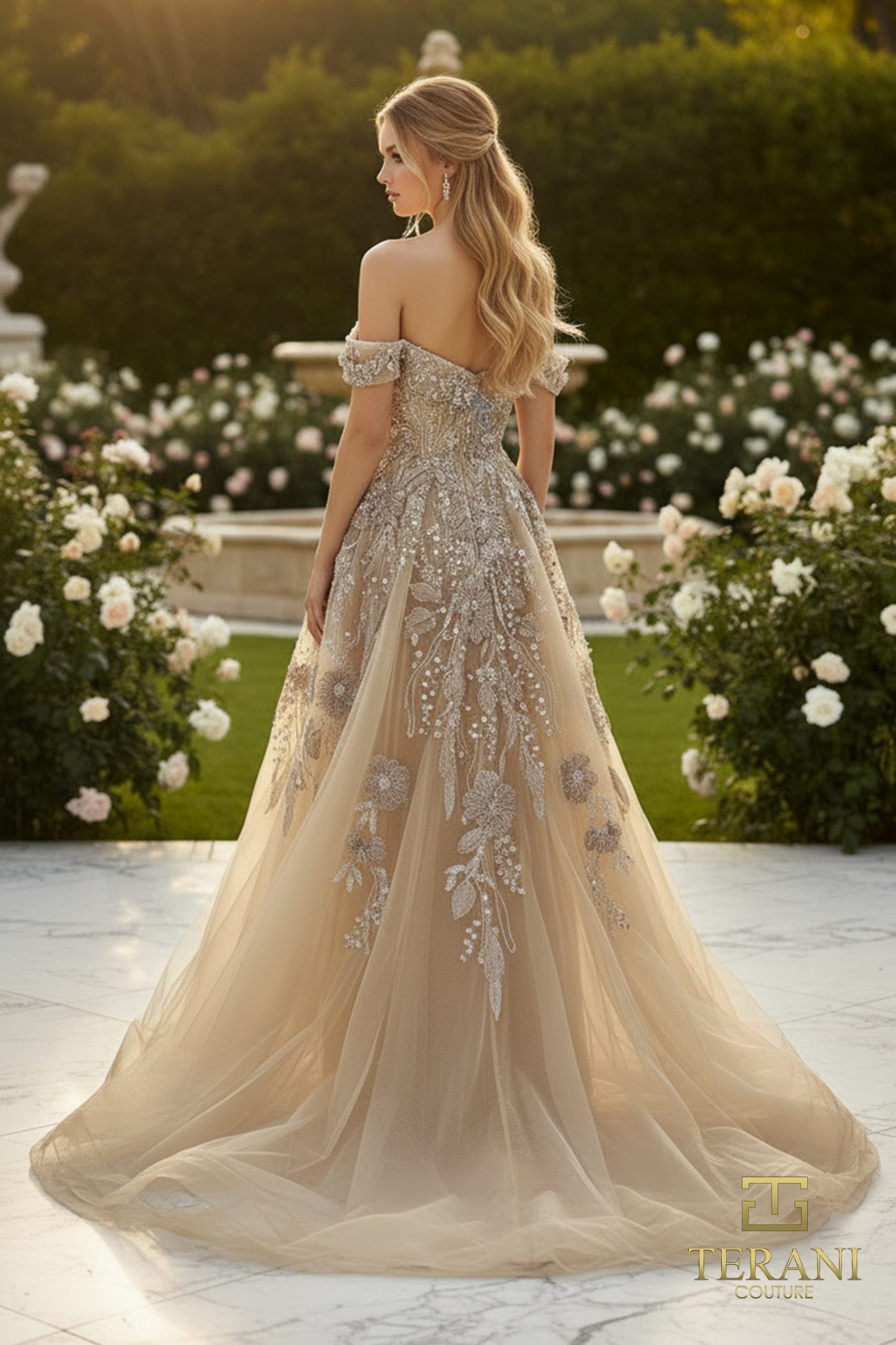 Off-Shoulder Beaded Tulle A-Line Gown - 261M6435