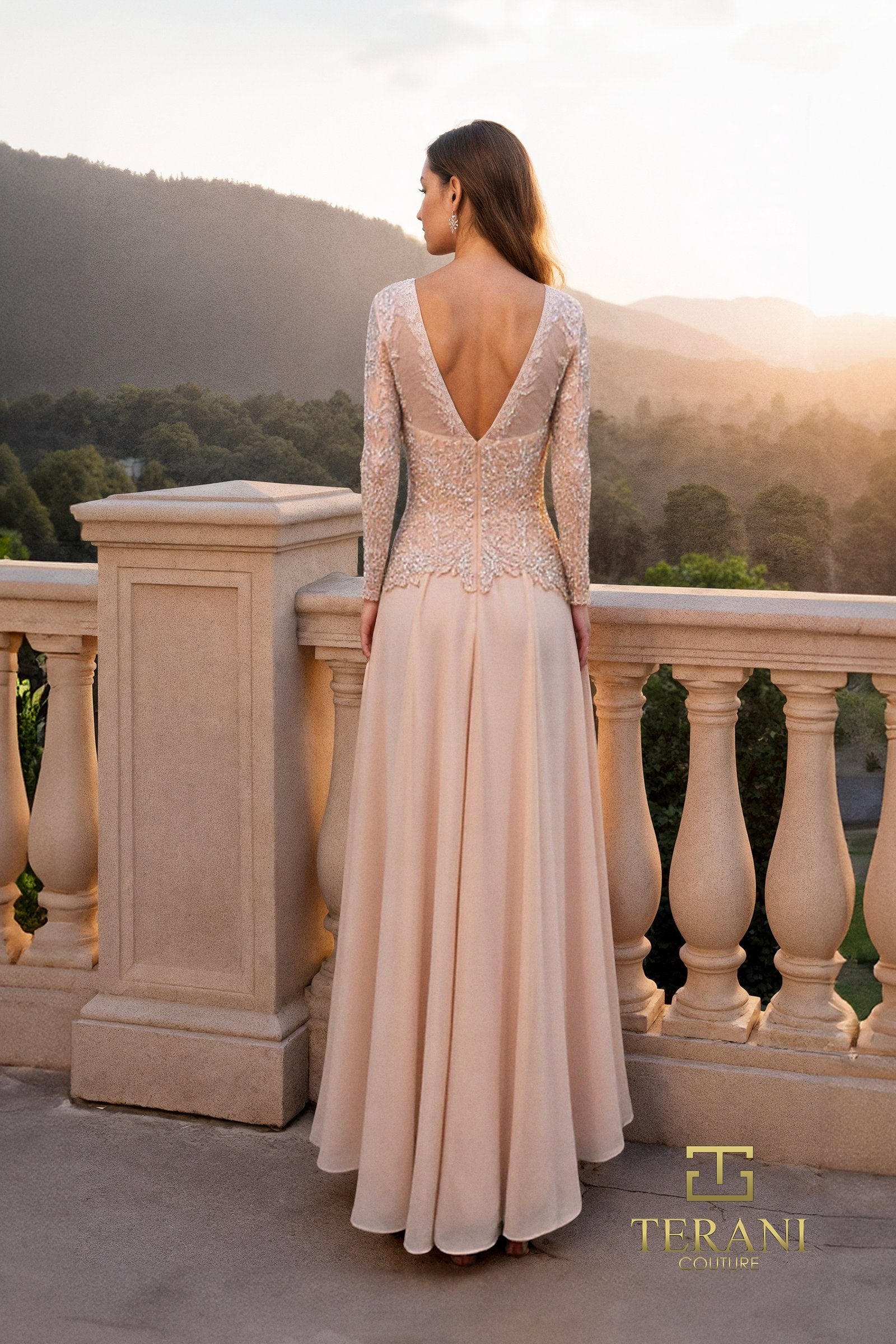 Boat Neck Chiffon & Embroidered A-Line Gown with Long Sleeves - 261M64