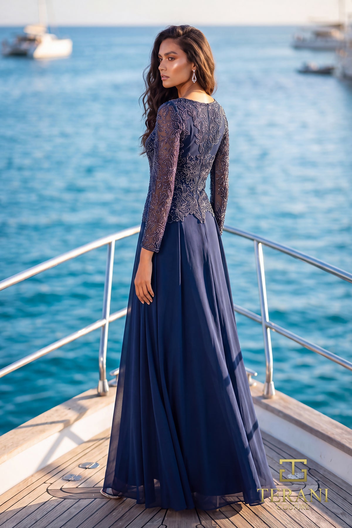 Boat Neck Chiffon & Embroidered A-Line Gown with Long Sleeves - 261M6439