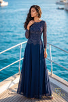 Boat Neck Chiffon & Embroidered A-Line Gown with Long Sleeves - 261M6439