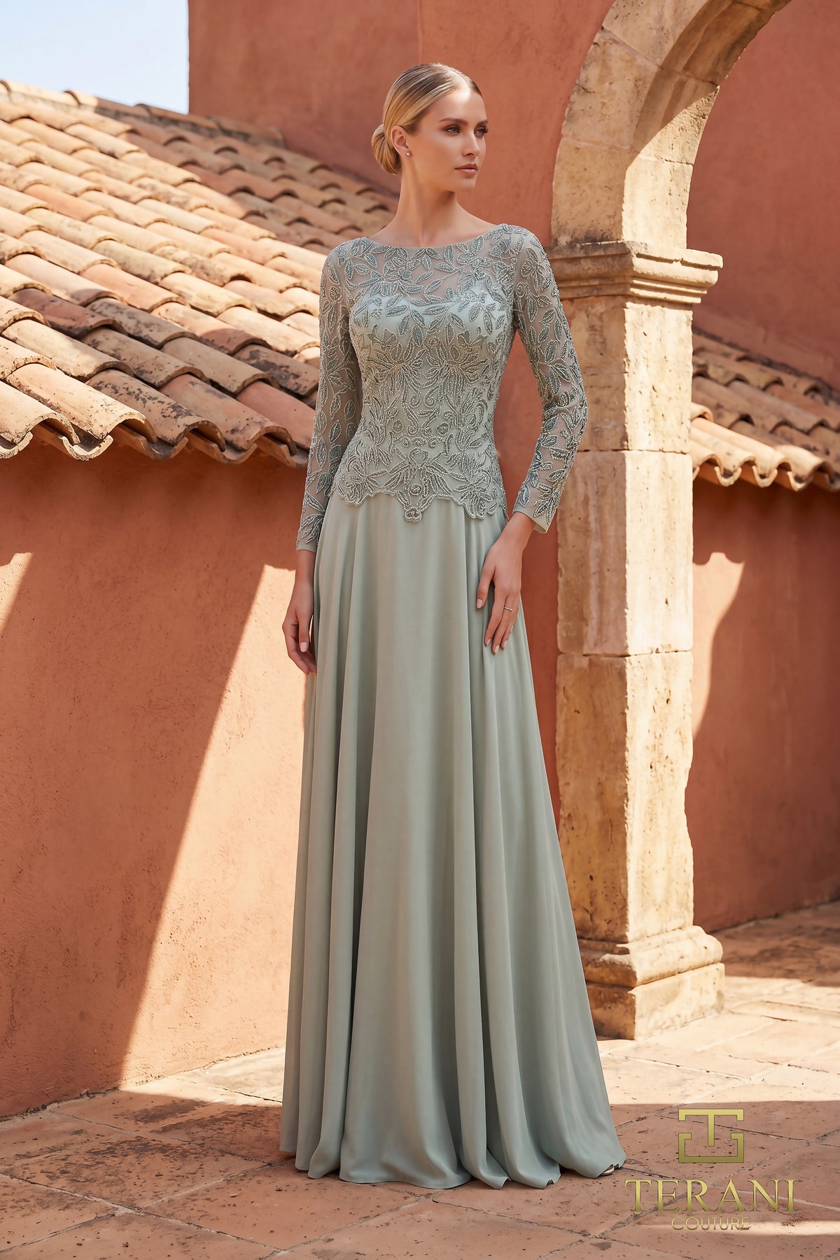 Boat Neck Chiffon & Embroidered A-Line Gown with Long Sleeves - 261M6439