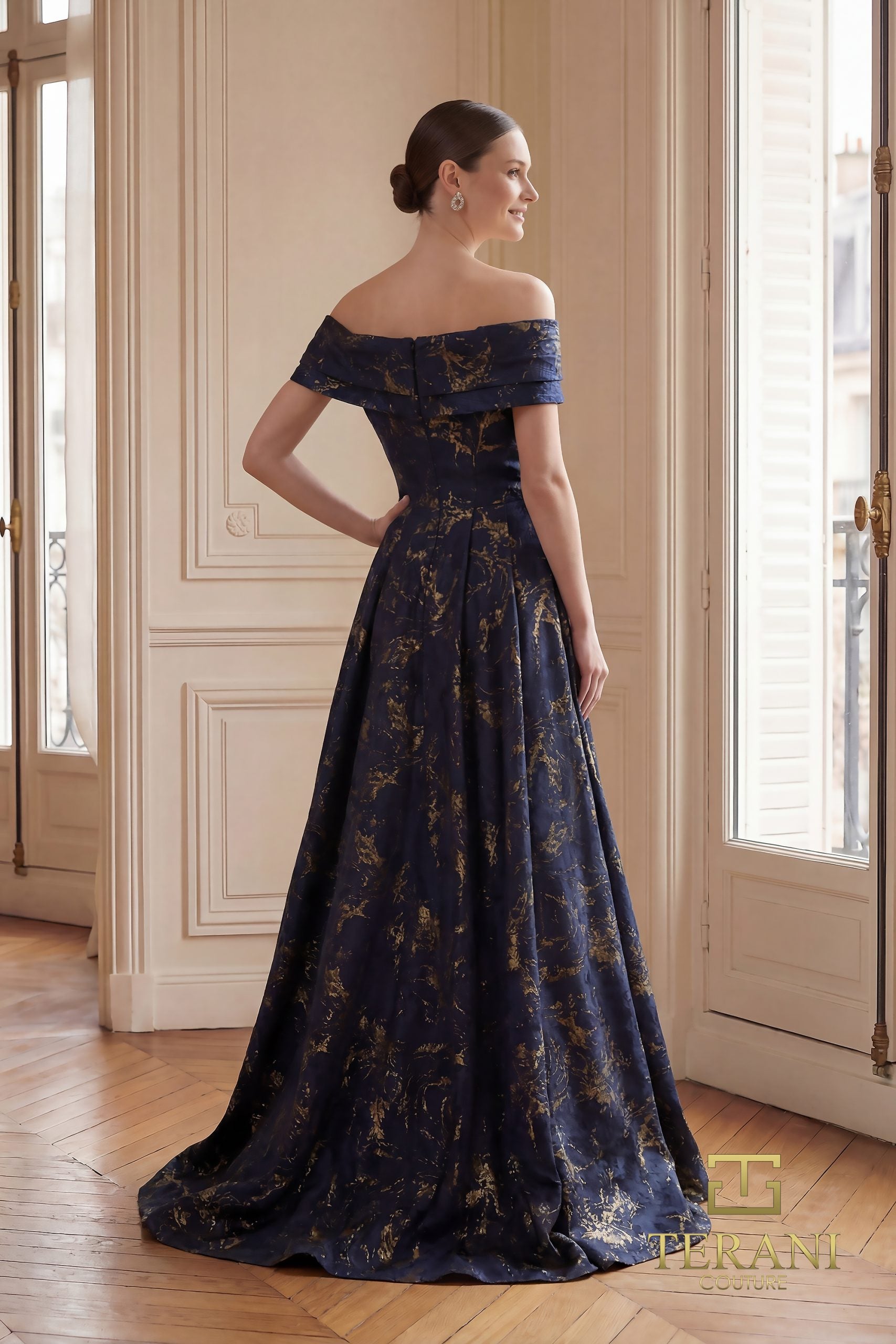 cathiey woodland off the shoulder dress Off-Shoulder Jacquard Sheath Gown