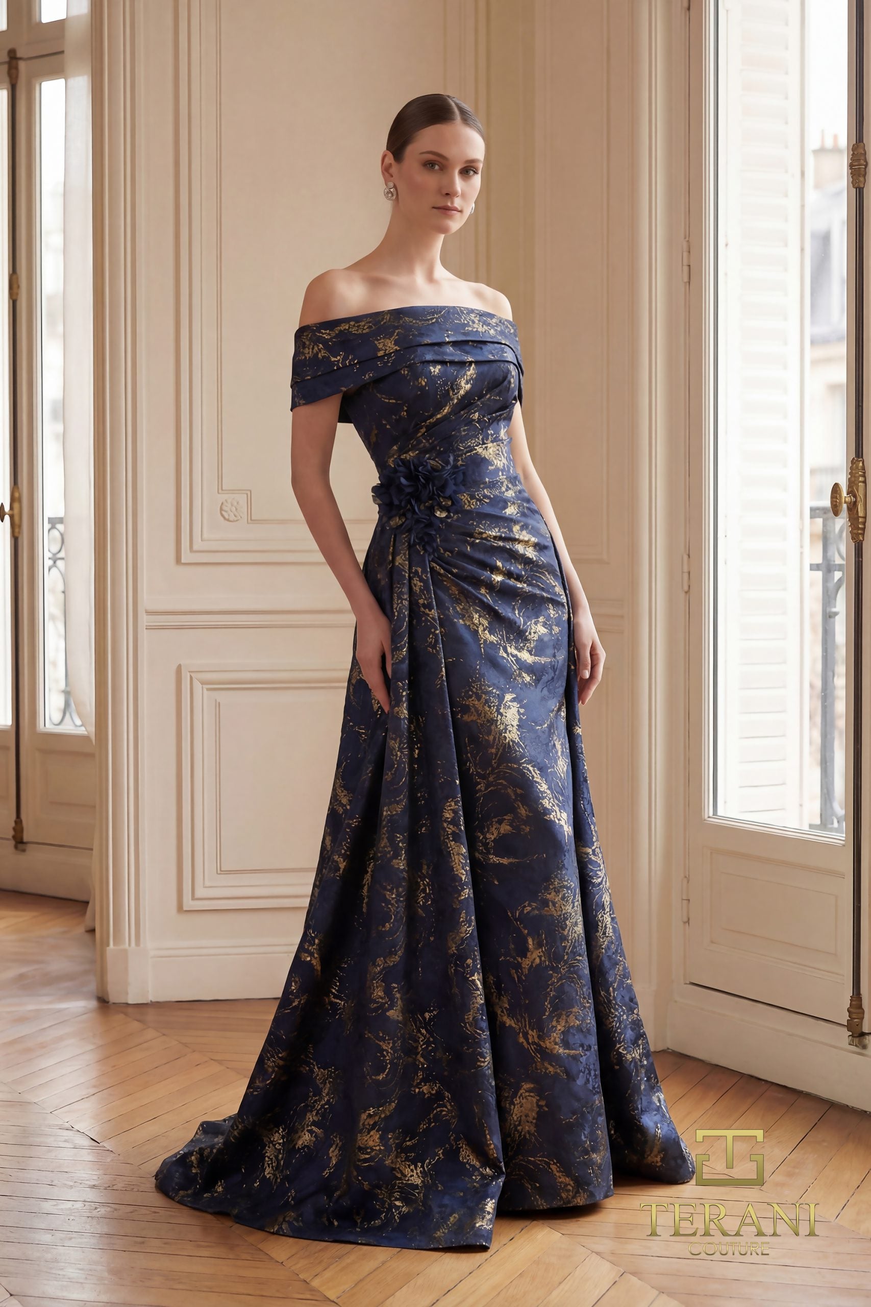 Off-Shoulder Jacquard Sheath Gown - 261M6444