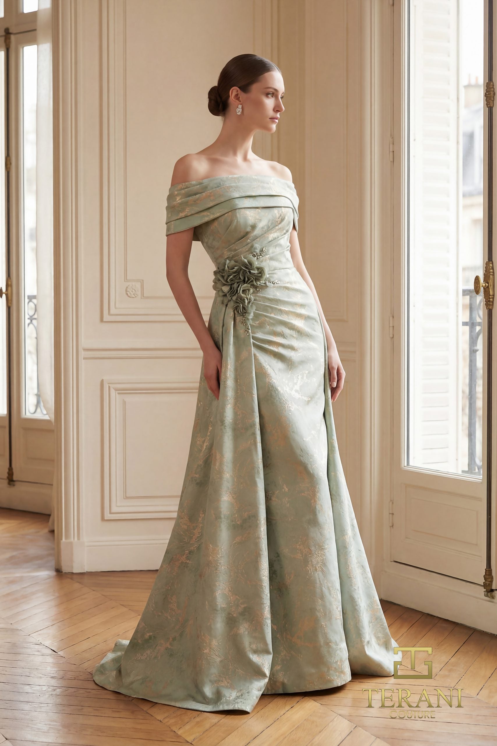 TERANI シルバー パーティードレス　オフショル Off-Shoulder Jacquard Sheath Gown - 261M6444