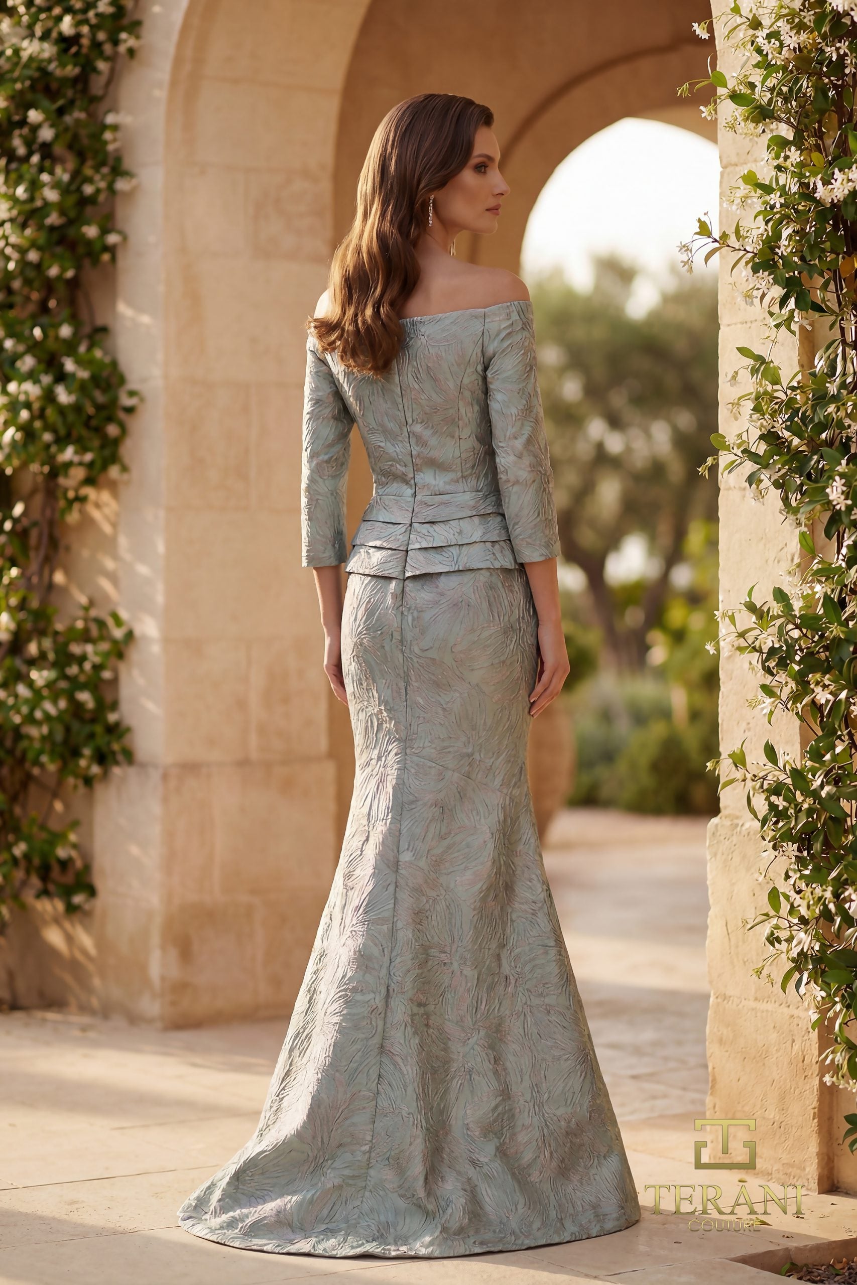 Off-Shoulder Jacquard Trumpet Gown with Long Sleeves - 261M6448