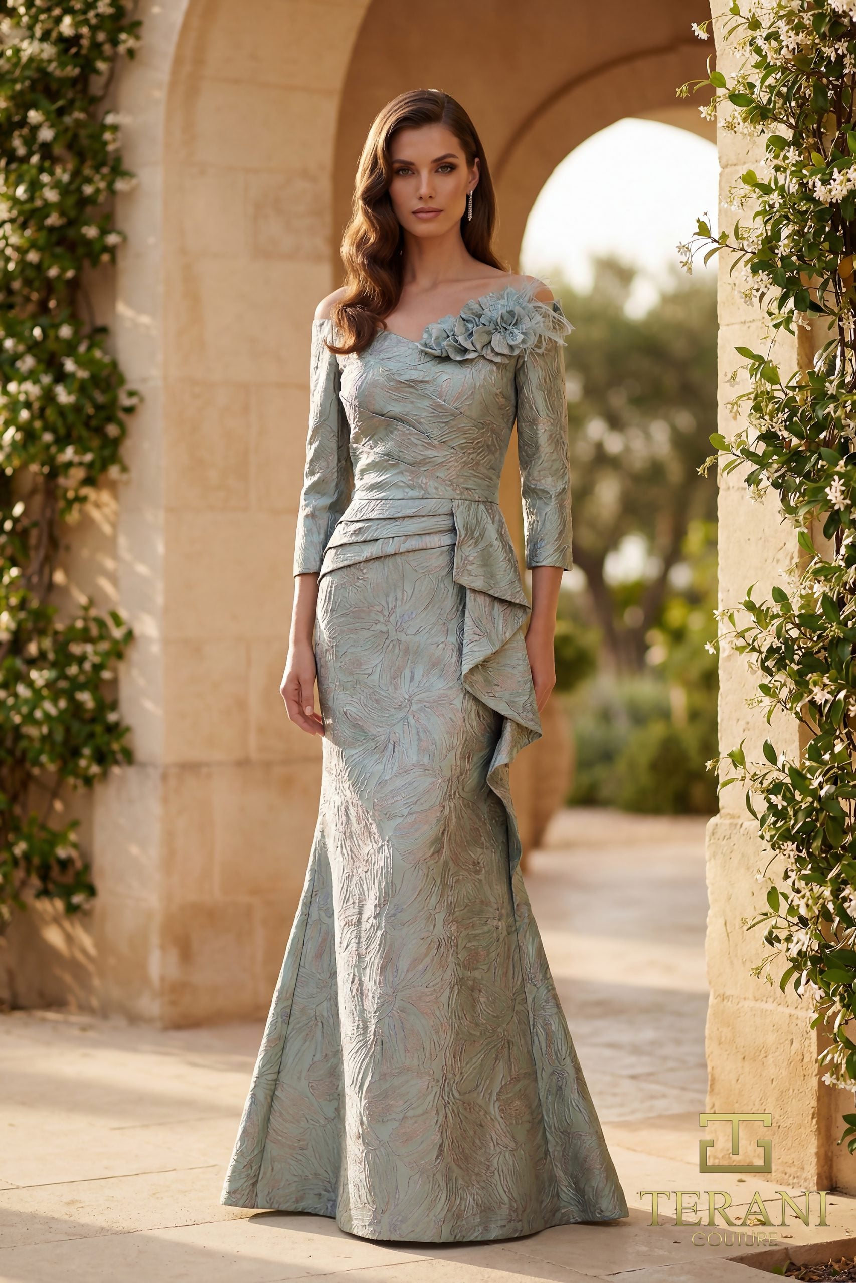 Off-Shoulder Jacquard Trumpet Gown with Long Sleeves - 261M6448