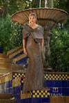 V-Neck Metallic Jacquard Column Gown with Shawl Detail - 261M6450