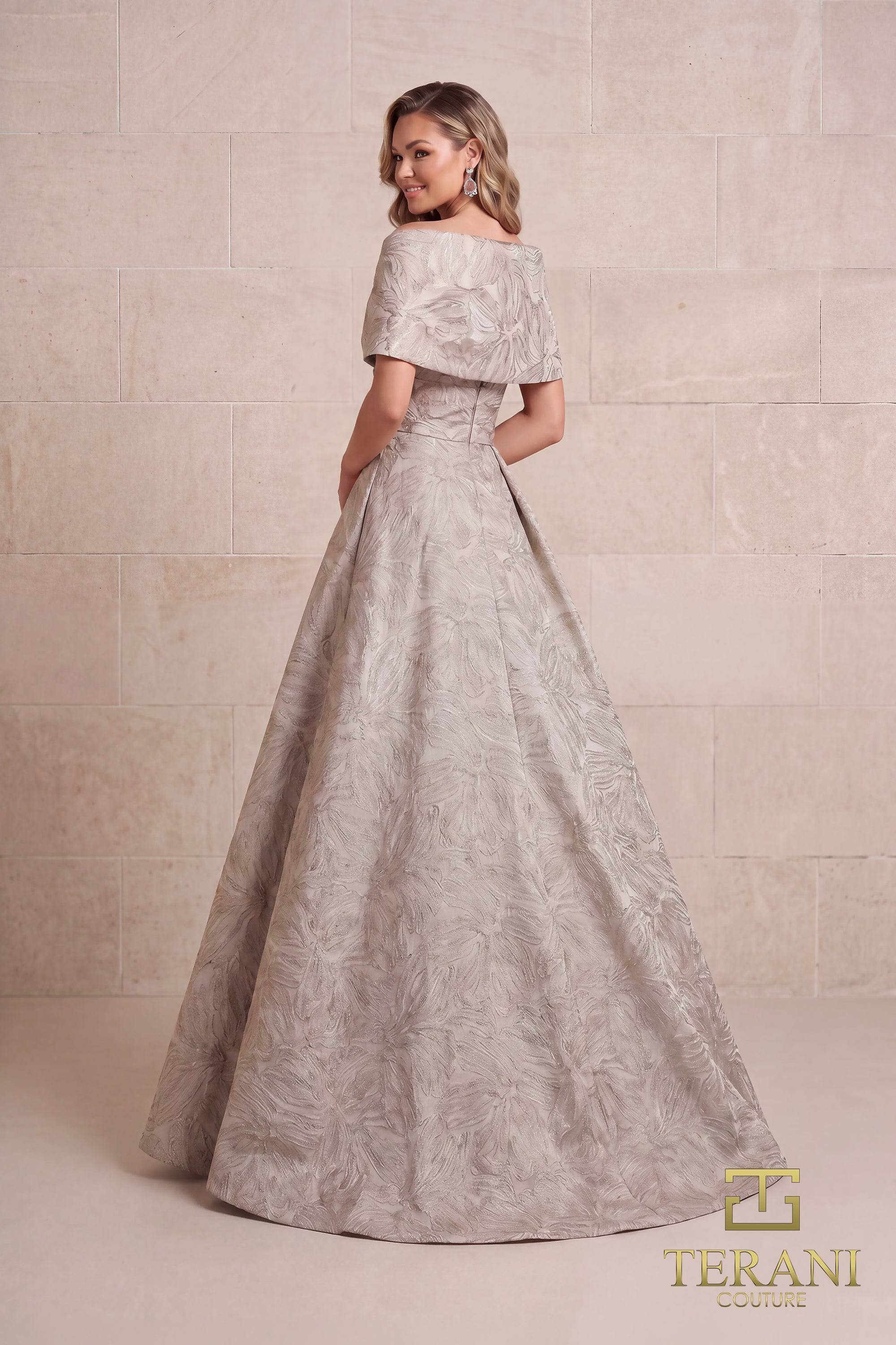 Off-Shoulder Jacquard A-Line Ballgown with Shawl Sleeves - 261M6453