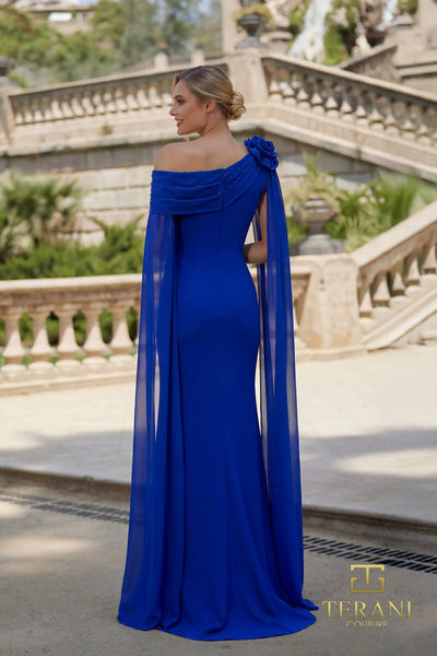 Asymmetric Off-Shoulder 2-Way Stretch Column Gown with Cape Sleeves - 261M6474
