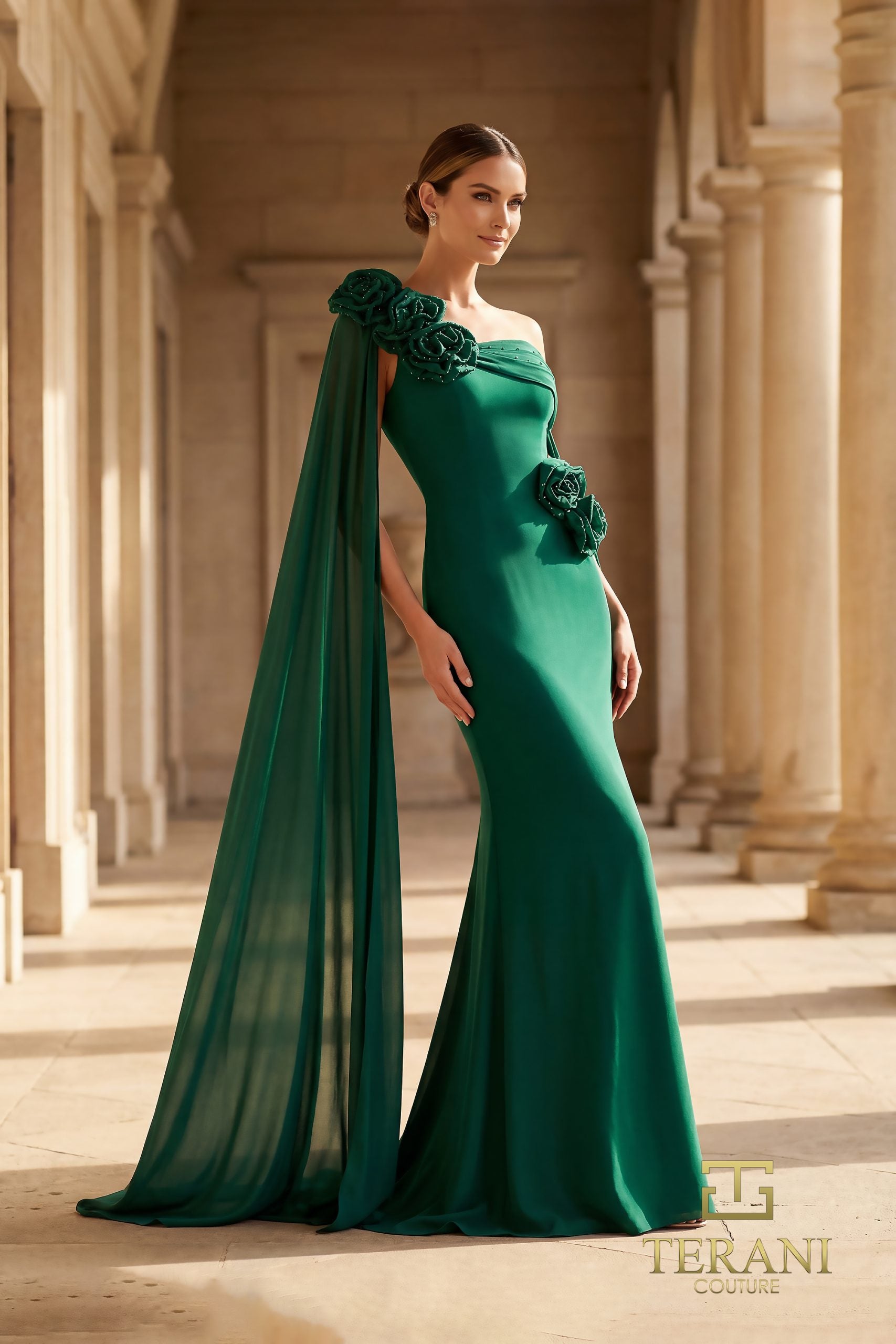 Asymmetric Off-Shoulder 2-Way Stretch Column Gown with Cape Sleeves - 261M6474