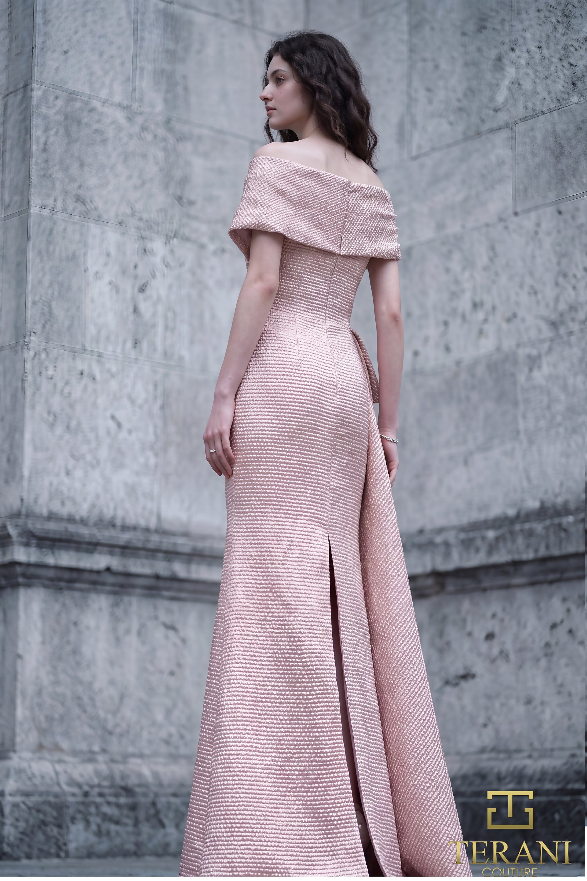 Off-Shoulder Jacquard Sheath Gown with Cape Sleeves - 261M6679