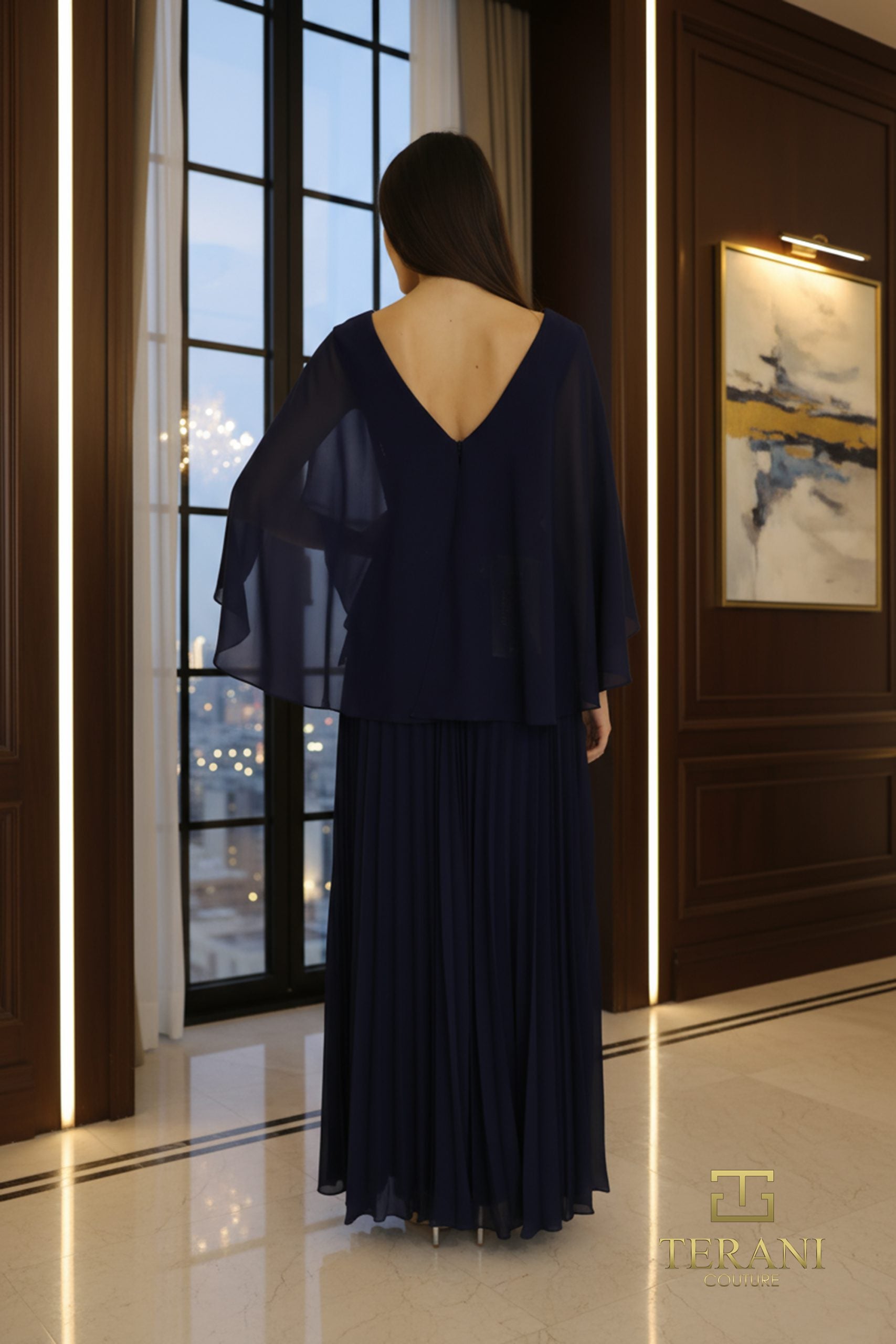 V-Neck Chiffon A-Line Gown with Flowing Cape Sleeves - 261M6681