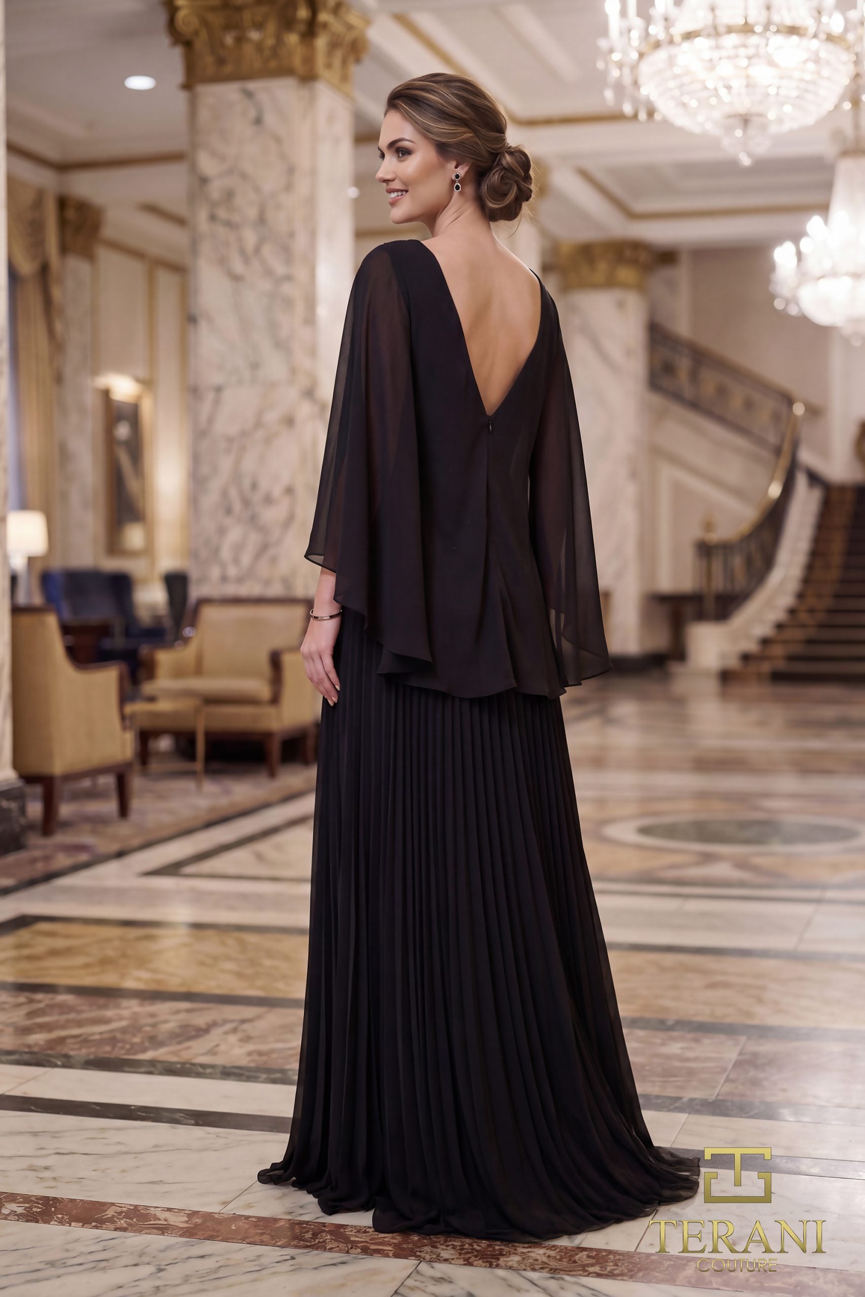 V-Neck Chiffon A-Line Gown with Flowing Cape Sleeves - 261M6681