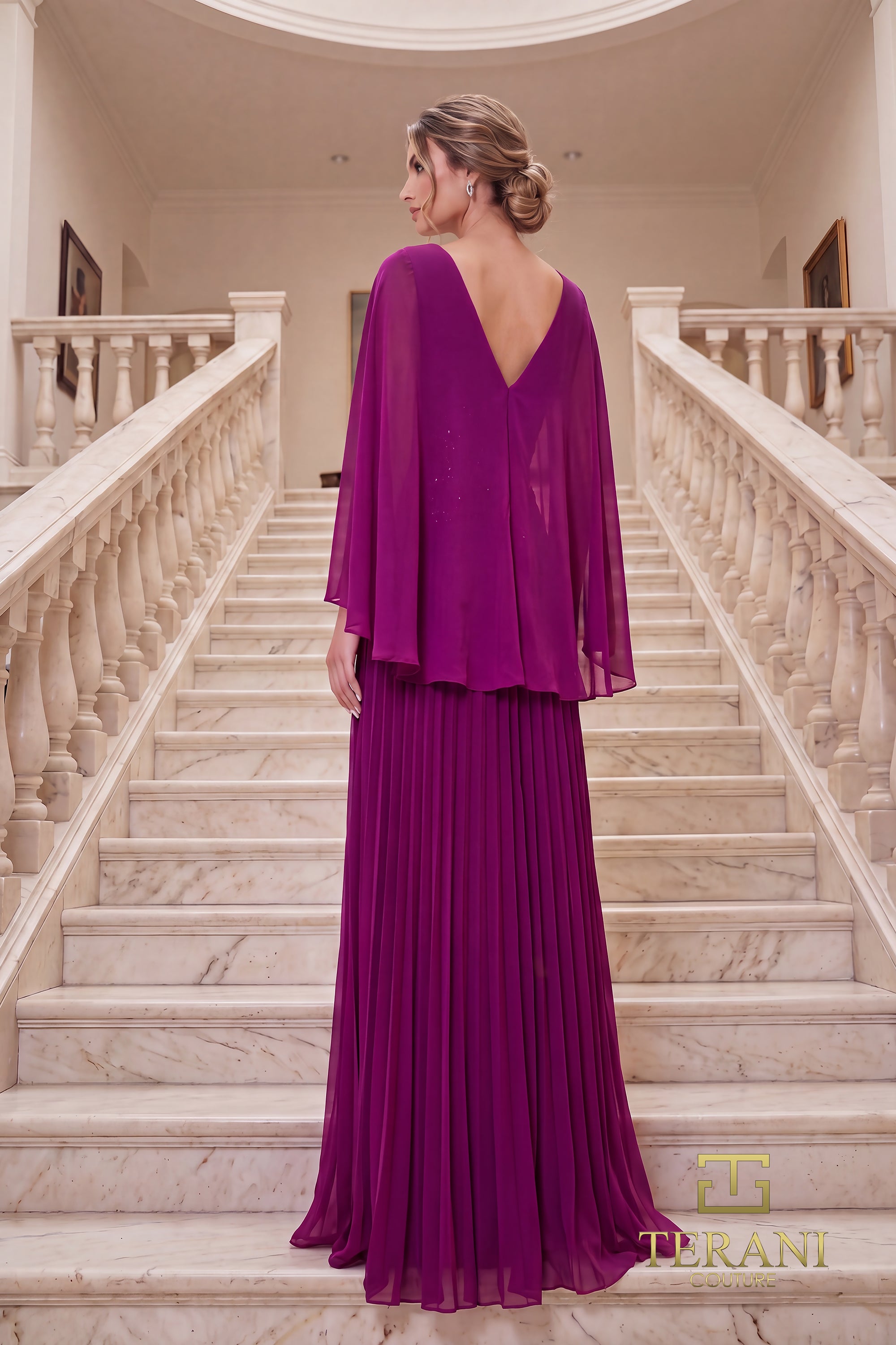 V-Neck Chiffon A-Line Gown with Flowing Cape Sleeves - 261M6681