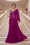 V-Neck Chiffon A-Line Gown with Flowing Cape Sleeves - 261M6681