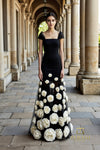 Square Neck Matte Satin Sheath Gown with Cap Sleeves - 261P6098