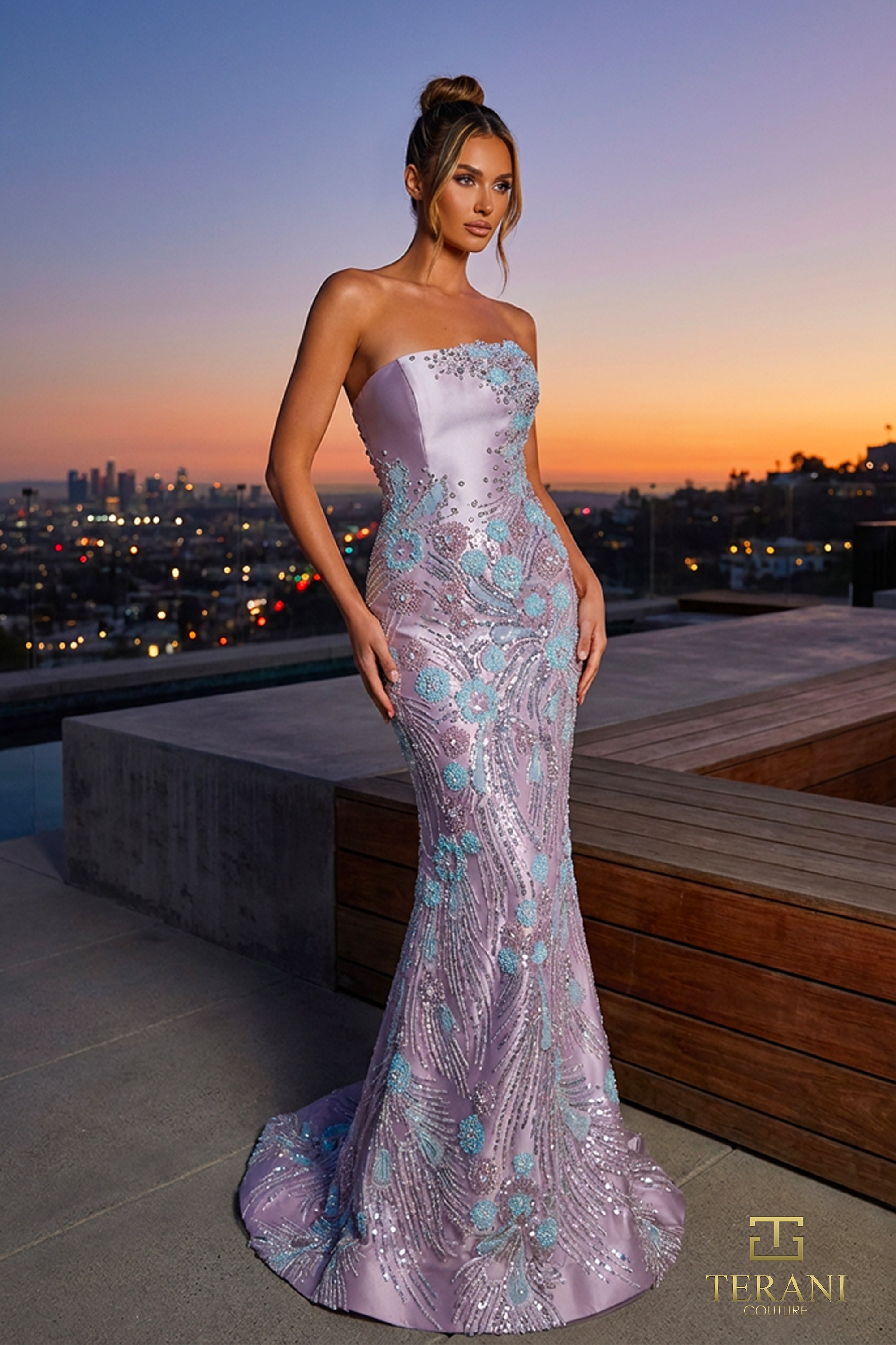 262E7542 - Strapless Floral Beaded Mikado Trumpet Evening Gown