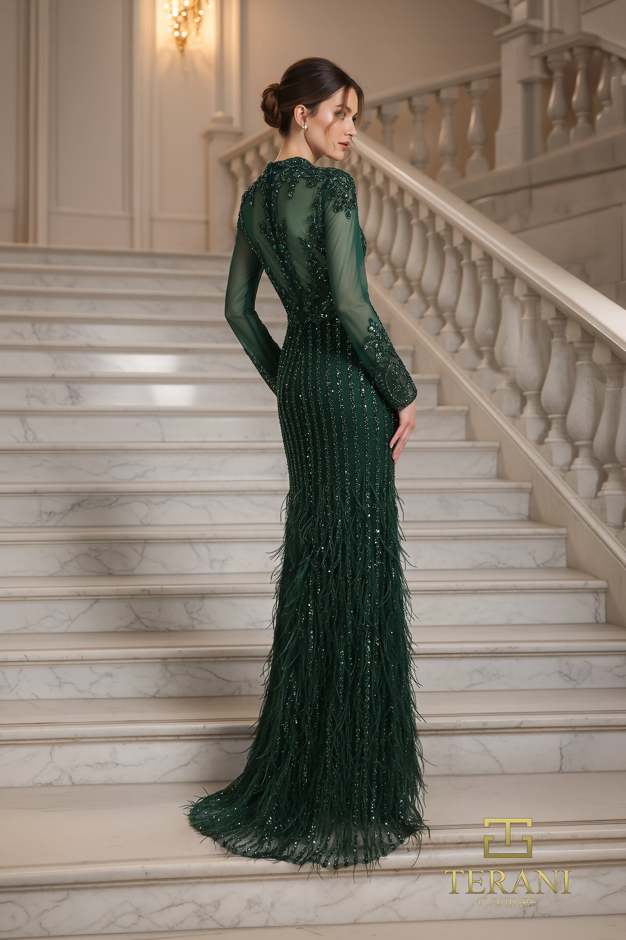 262GL7162 - High Mock Neck Beaded Tulle Pageant Gown with Sleeves 262GL7162 - High Mock Neck Beaded Tulle Pageant Gown with Sleeves