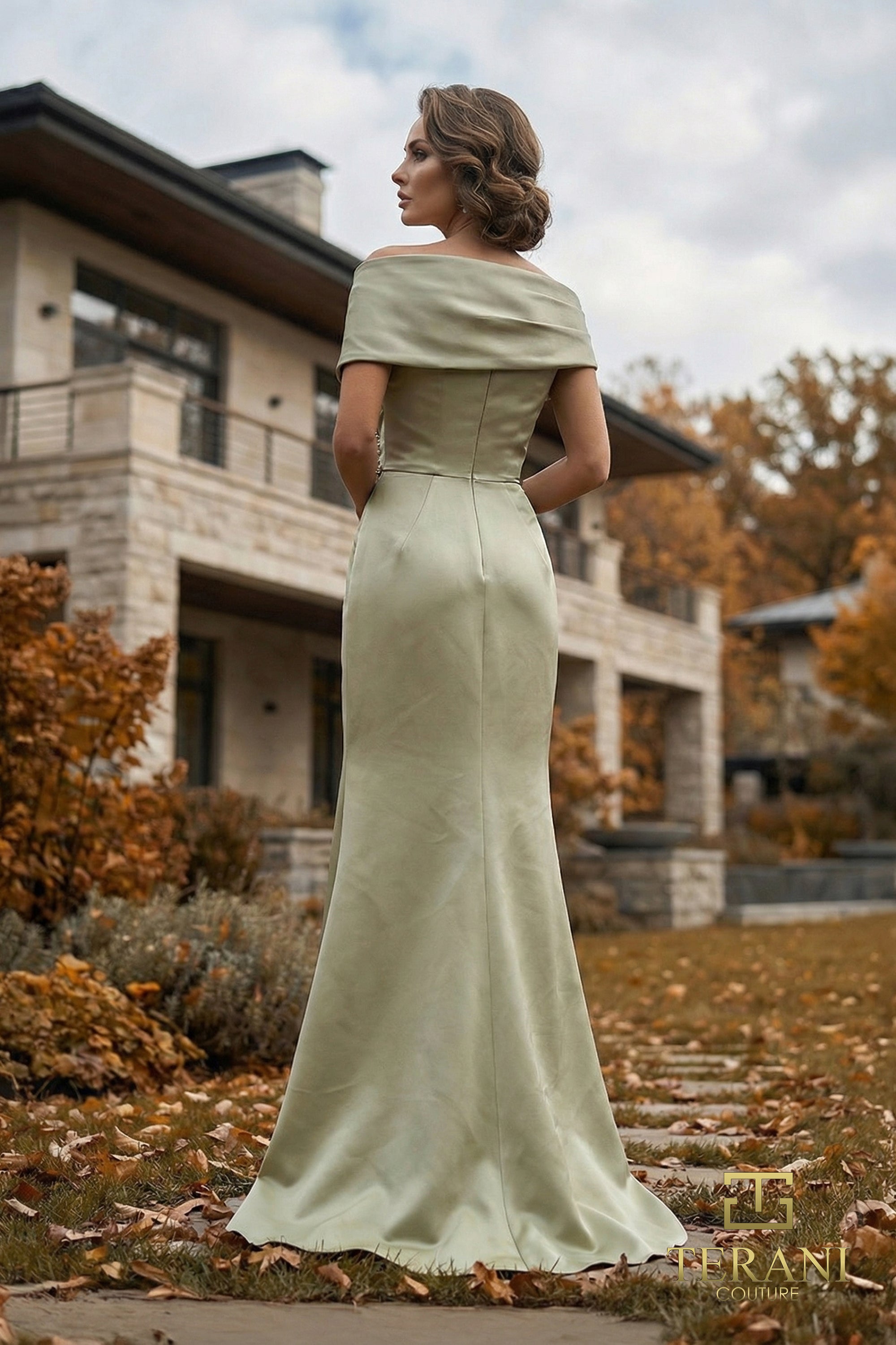 262M7278 - Beaded Off-Shoulder Matte Satin Column Gown