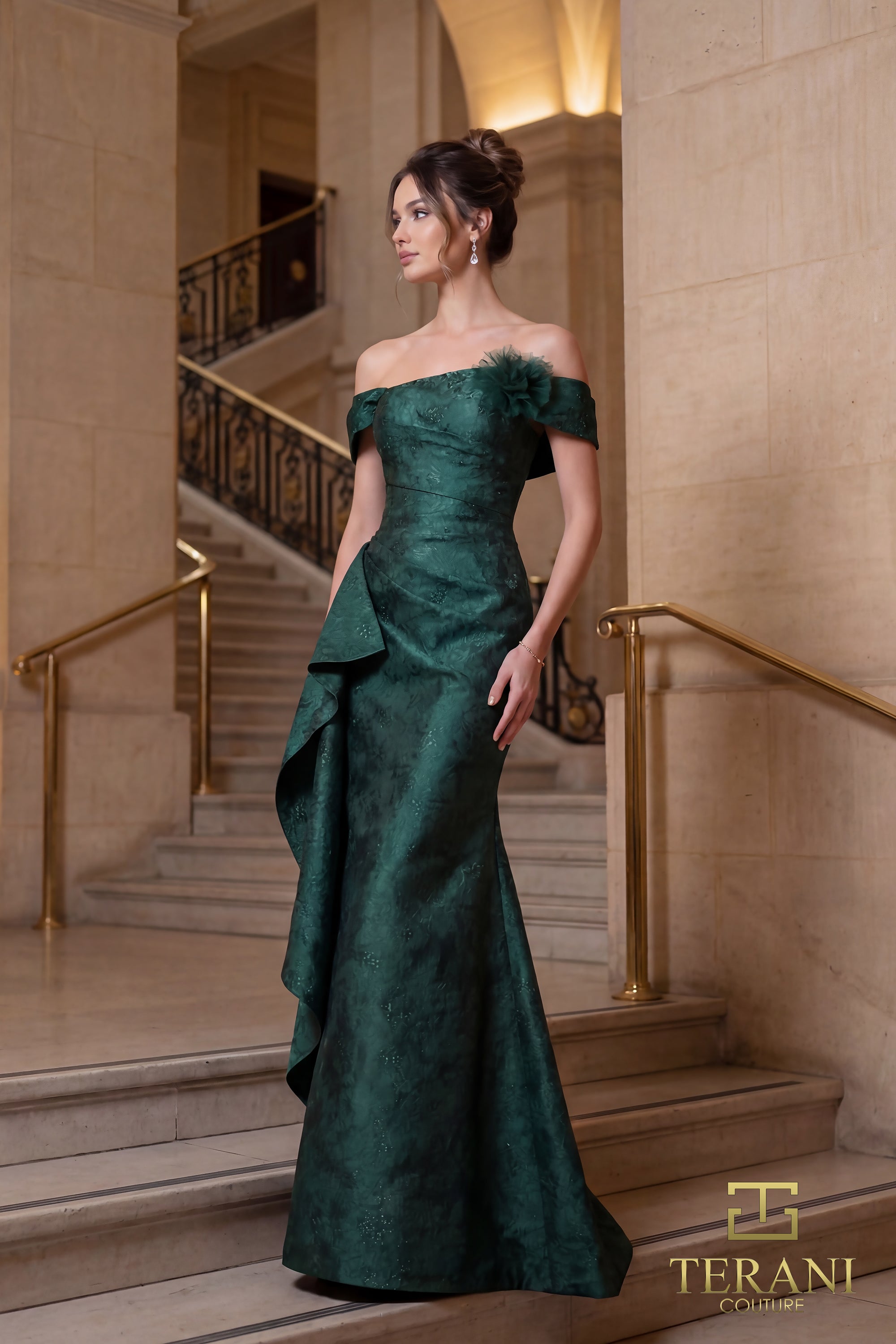 262M7298 - Off-Shoulder Jacquard Trumpet Fit-and-Flare Gown