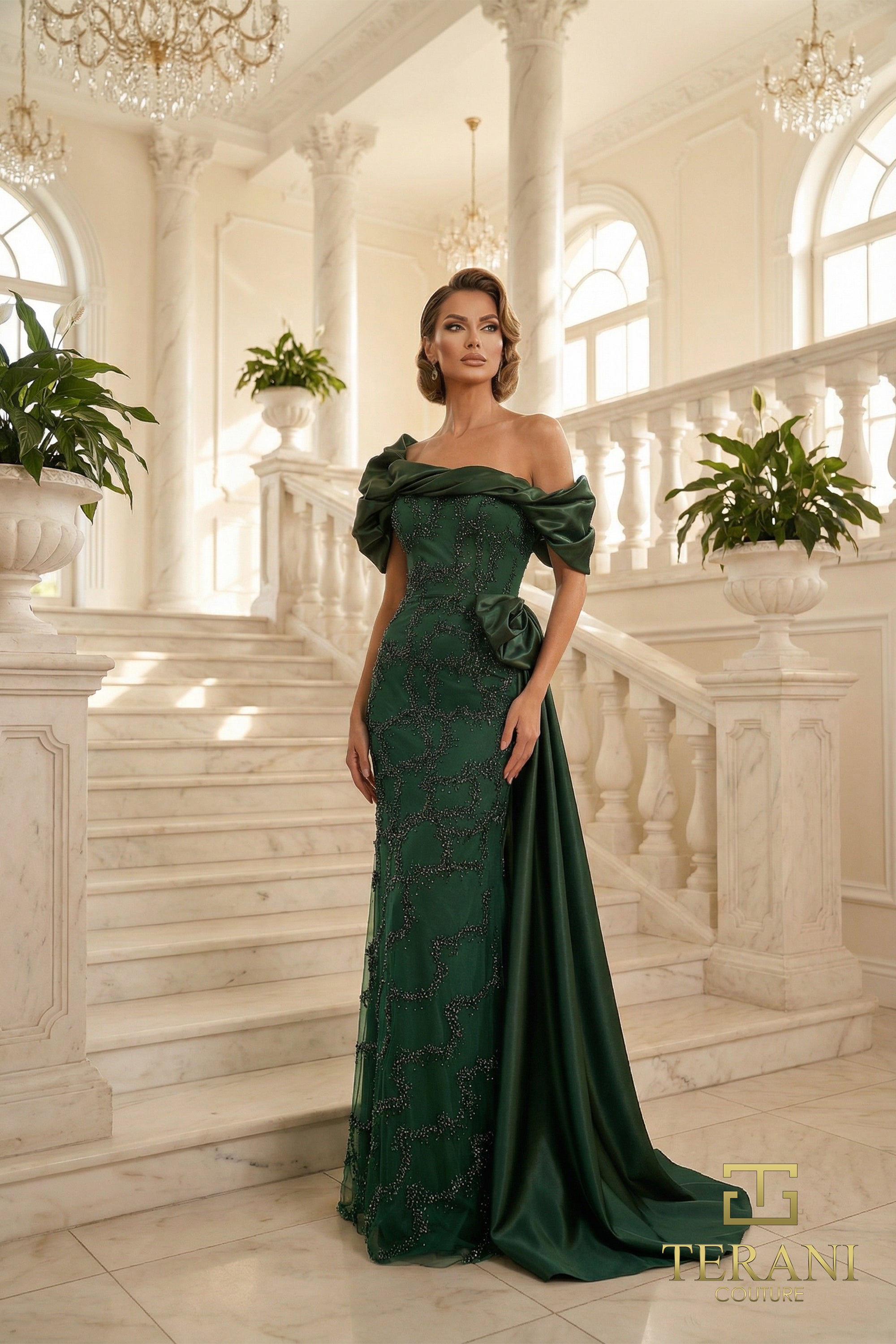262M7321 - Beaded Asymmetric Off-Shoulder Sheath Train Gown