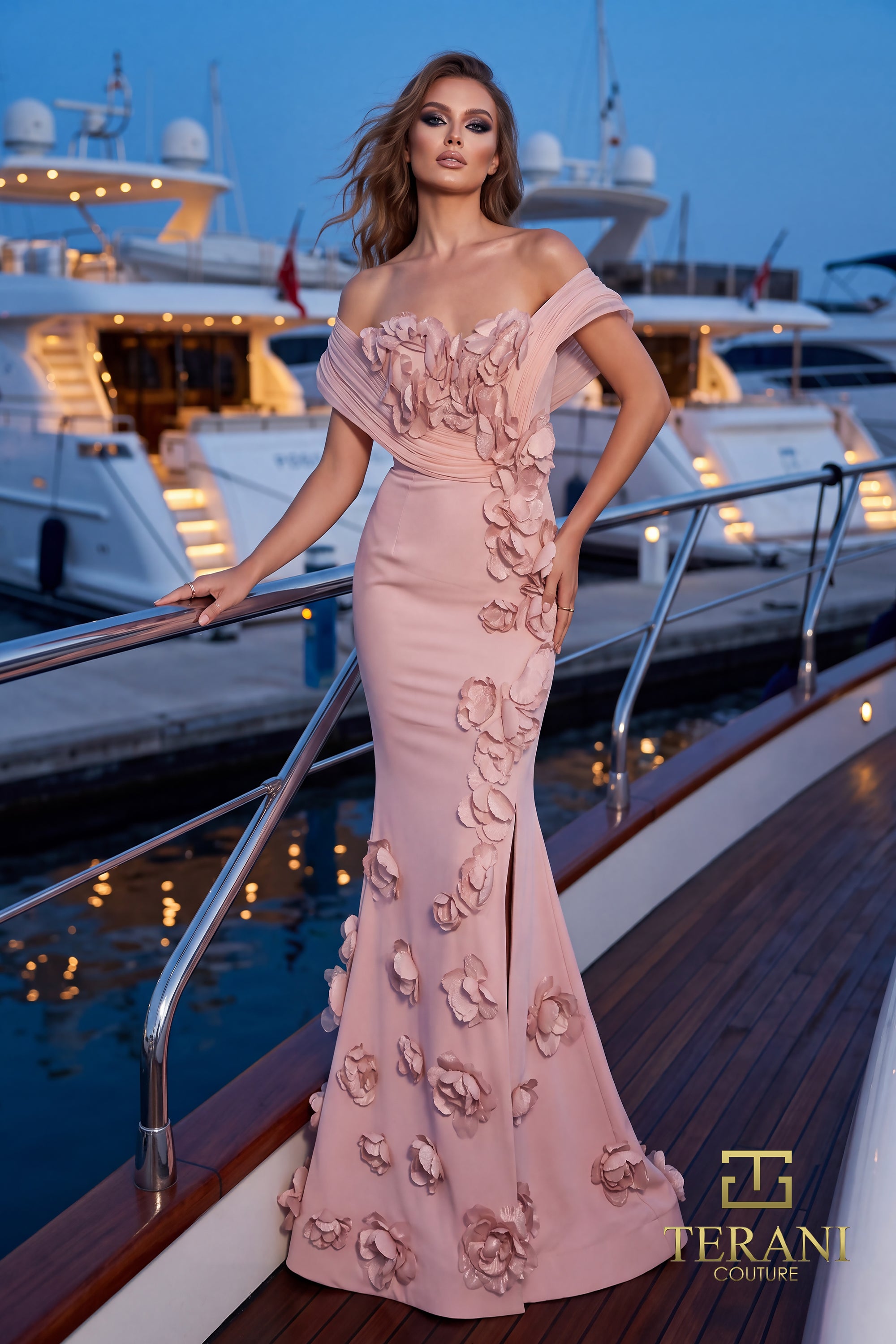 262E7070 - 3D Floral Cascade Trumpet Evening Gown With Slit