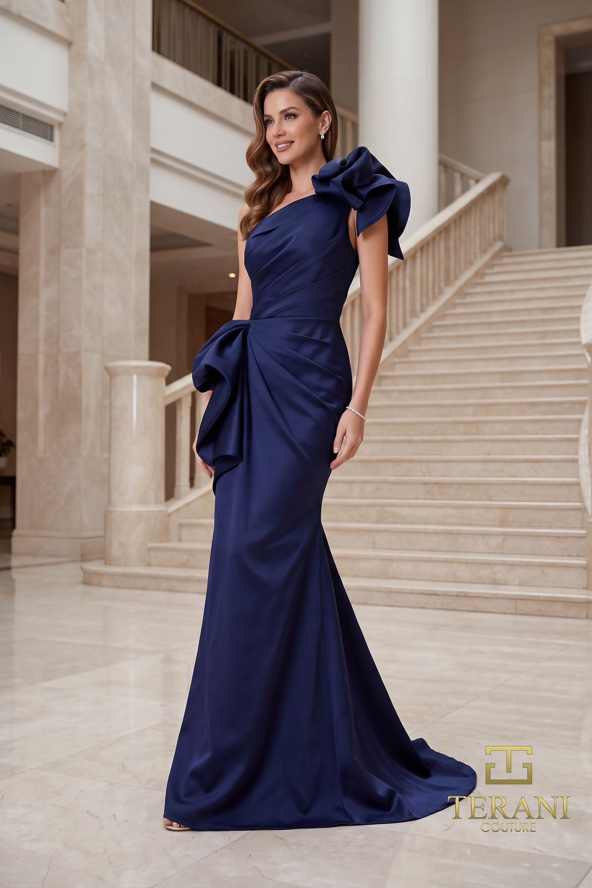 262E7132 - One-Shoulder Rosette Ruched Satin Column Gown