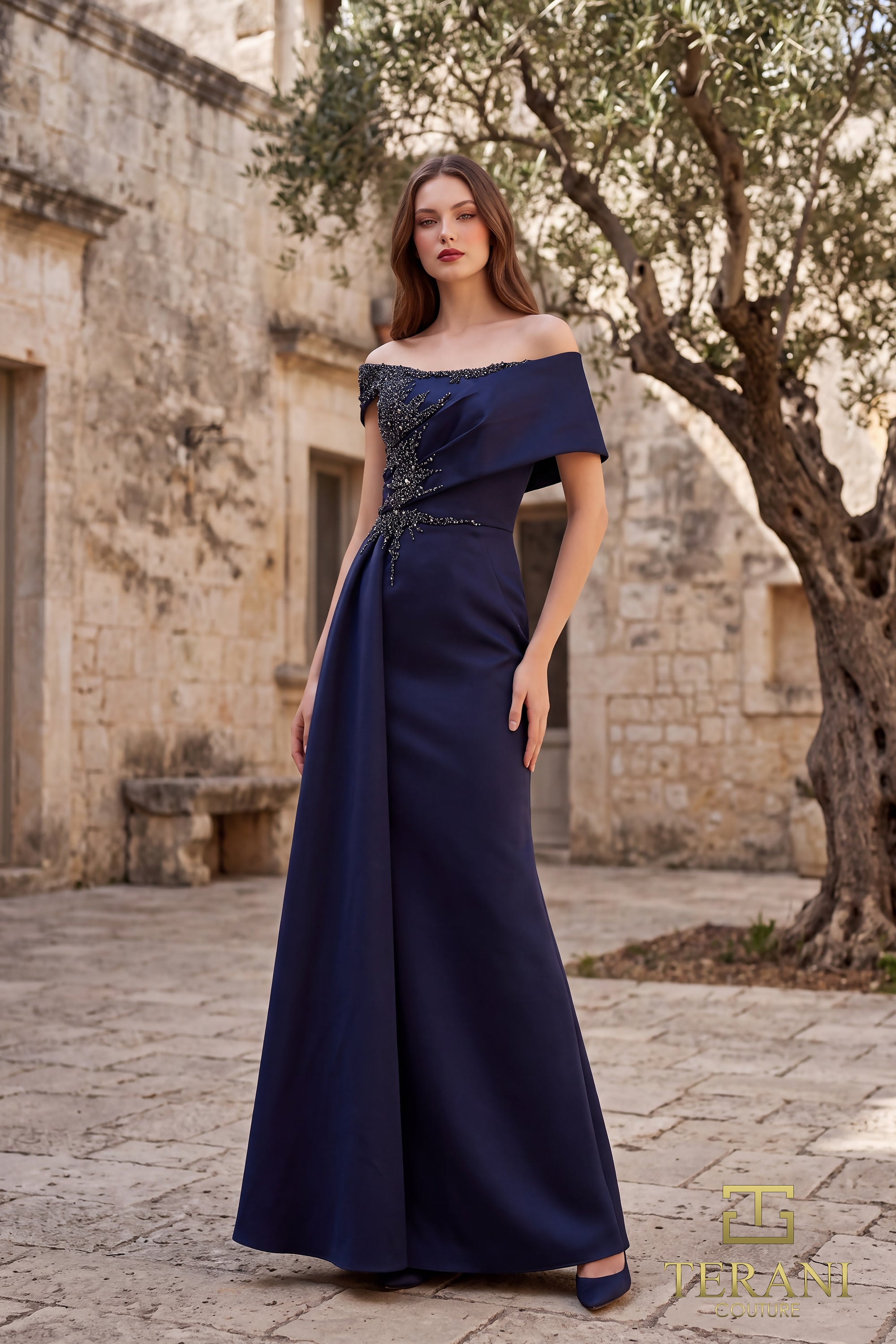 262M7278 - Beaded Off-Shoulder Matte Satin Column Gown