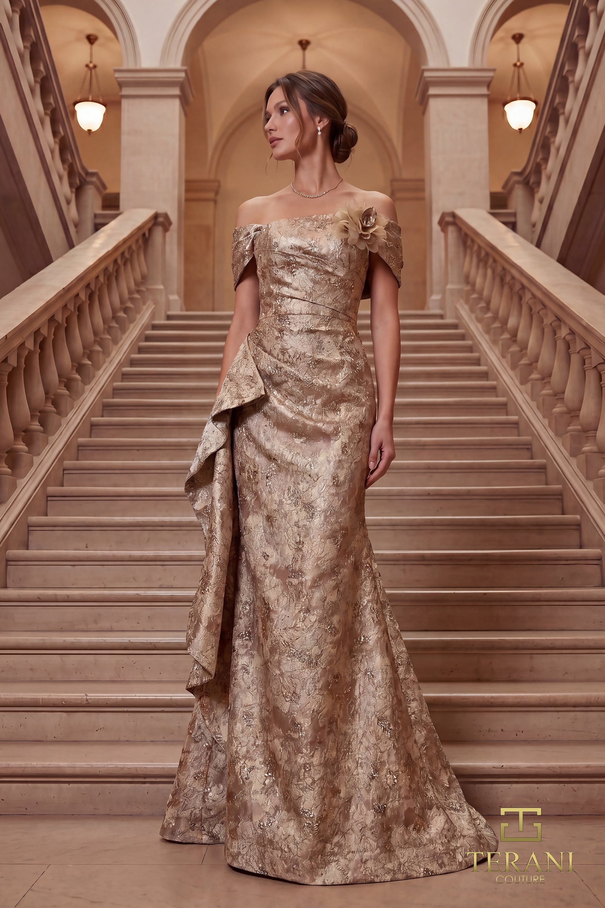 262M7298 - Off-Shoulder Jacquard Trumpet Fit-and-Flare Gown