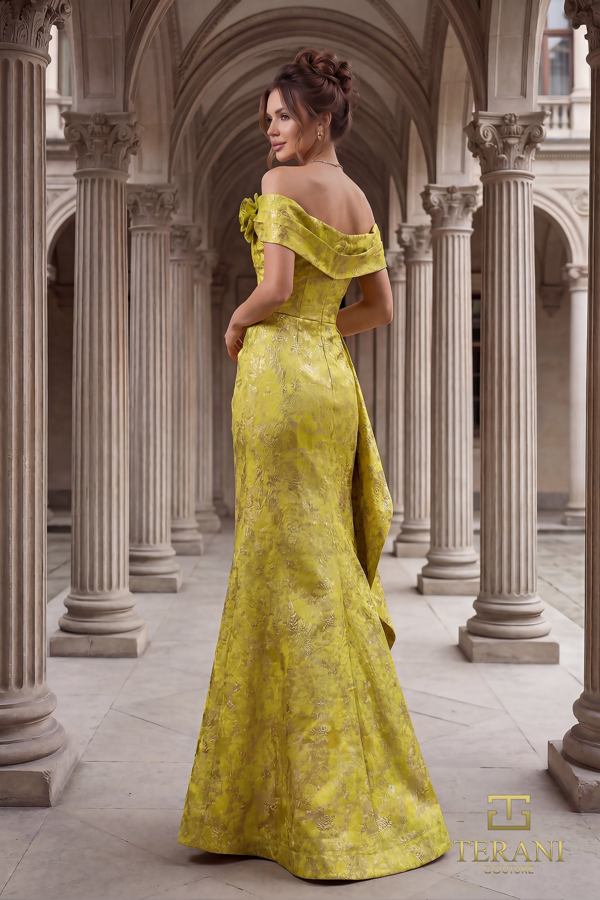 262M7298 - Off-Shoulder Jacquard Trumpet Fit-and-Flare Gown