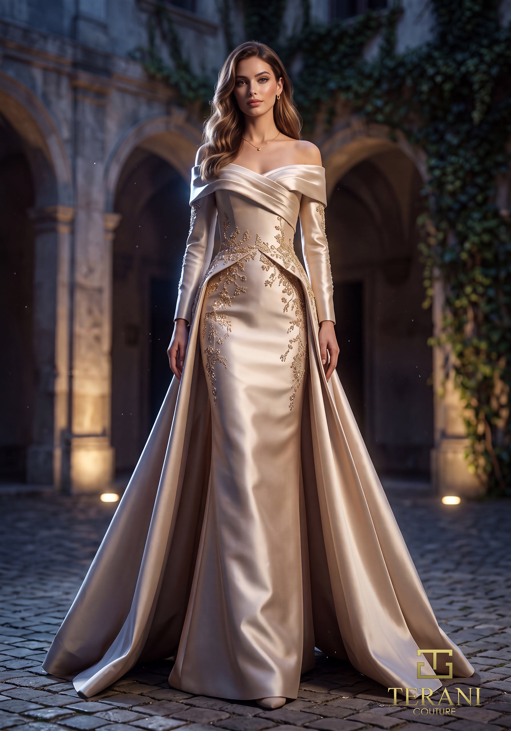 262M7315 - Full Sleeve Mikado Sheath Majestic Overskirt Gown