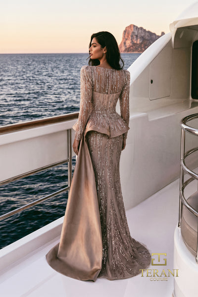 Sequin Peplum Gown with Long Sleeves & Satin Panel - 271M8410