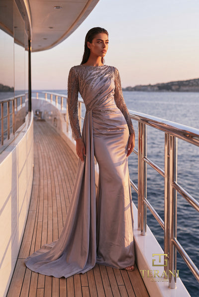 Satin Sheath Gown with Jewel Neck & Beaded Sleeves - 271M8432
