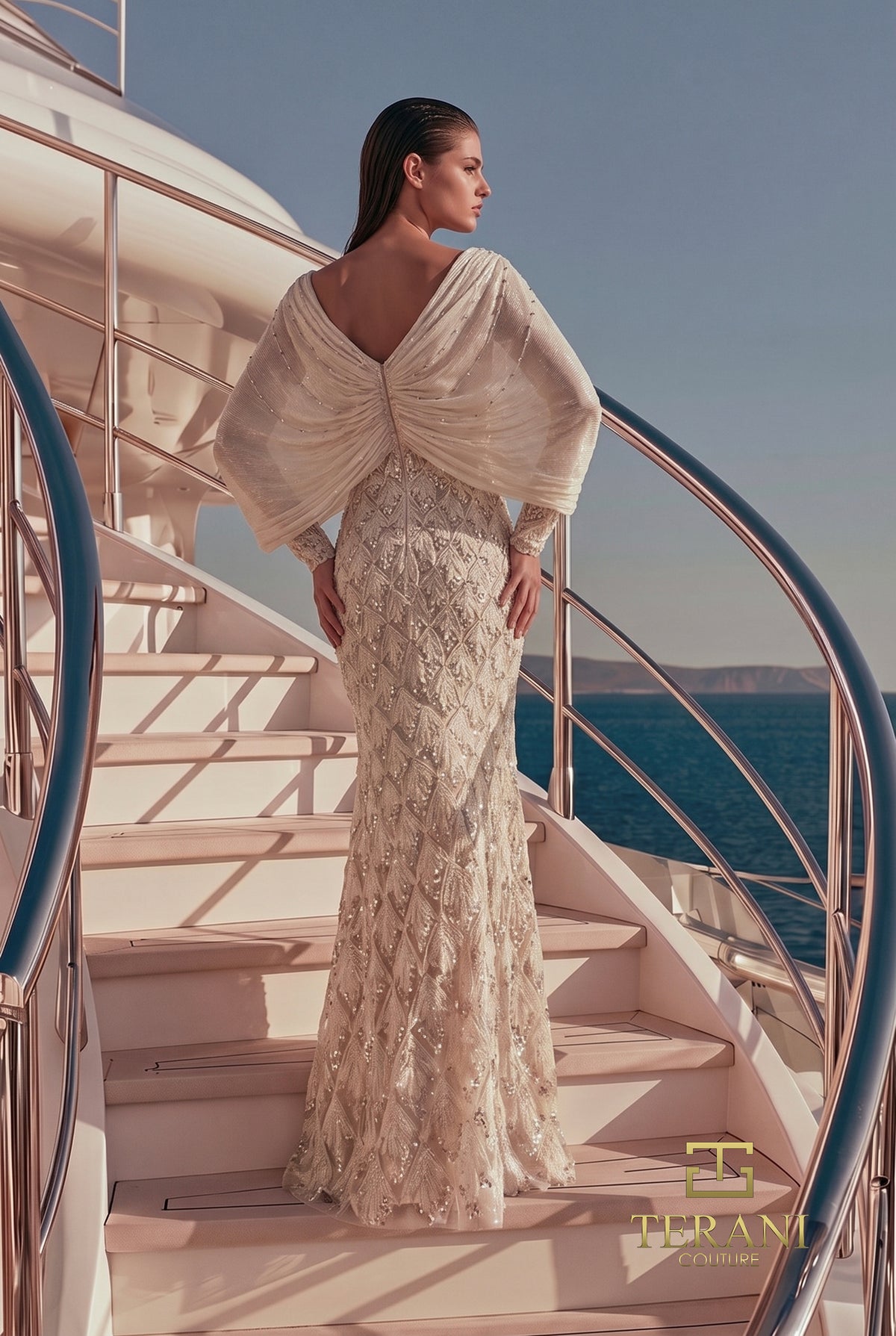 Sequin Lattice Gown with Draped Chiffon Cape - 271M8191
