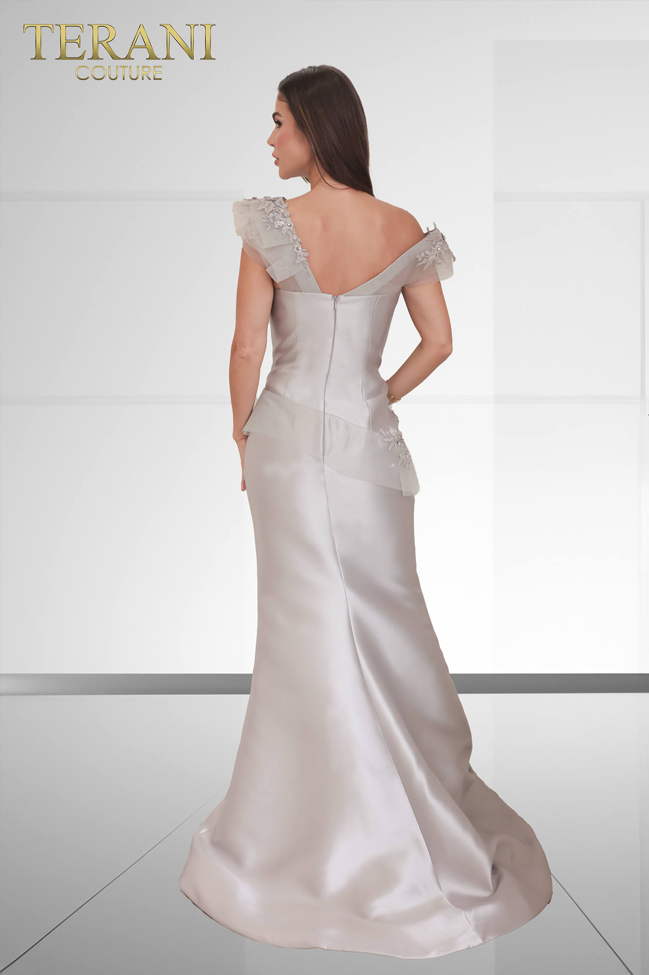 241E2478 Off-Shoulder Trumpet Embroidered Mikado Column Evening Dress
