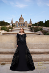 Off-Shoulder Lace & Matte Satin Column Gown with Long Sleeves - 261E6208