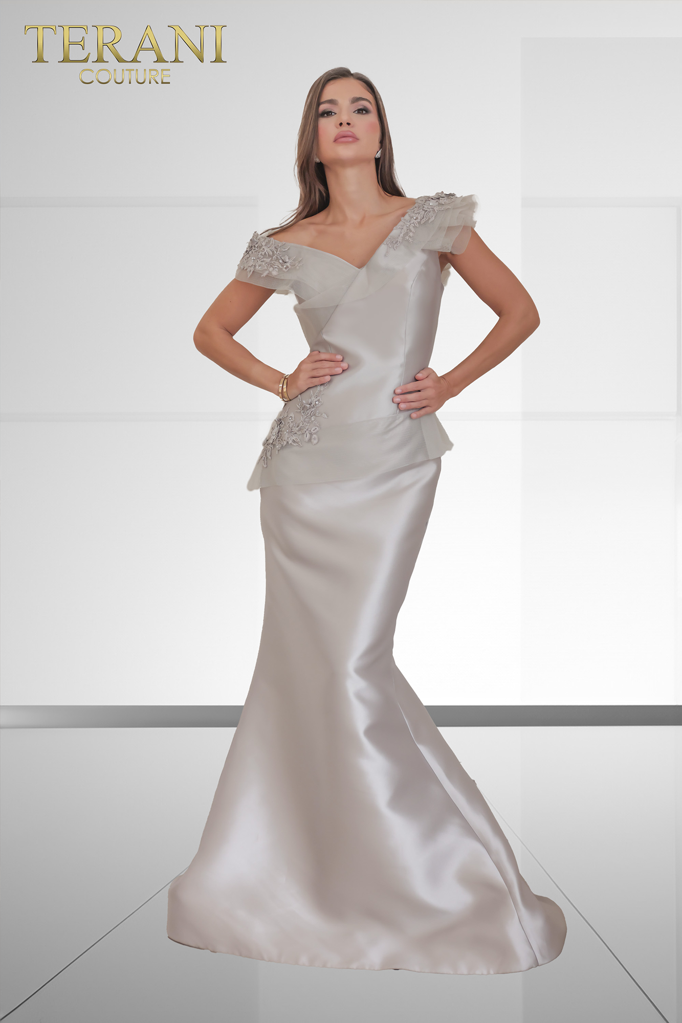 241E2478 Off-Shoulder Trumpet Embroidered Mikado Column Evening Dress