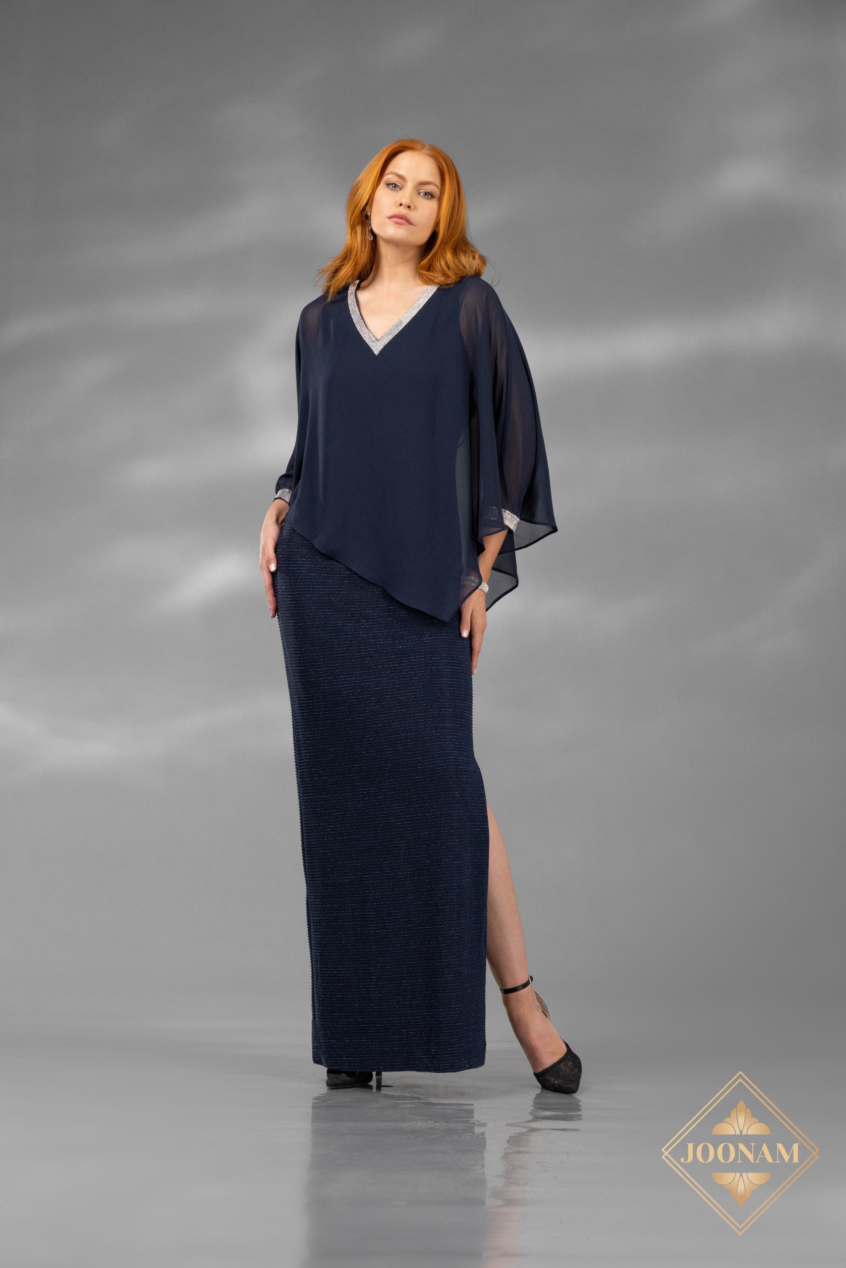 V-Neck Bodycon Chiffon Navy Dress - J4651
