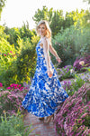 Print Satin v neck a line Blue Dress - J4653