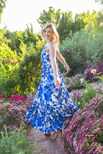 Print Satin v neck a line Blue Dress - J4653