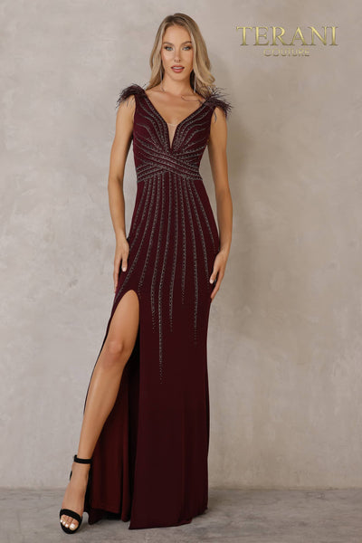 V Neck Beaded Sheath Gown Beaded Sheath V Neck Dress - 2215P0036