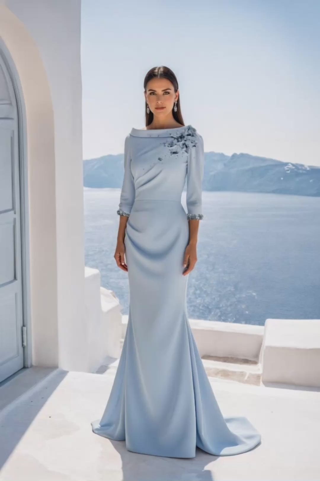 High Boat Neck Crepe Sheath Gown with 3/4 Sleeves - 261E6701